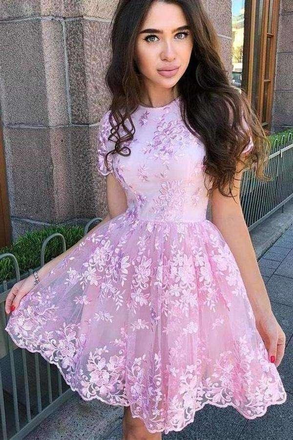 A Line Short Sleeve Lace Short Prom Dress Short Homecoming Dress PD451