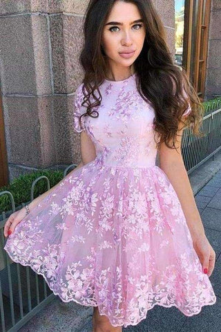 A Line Short Sleeve Lace Short Prom Dress Short Homecoming Dress PD451