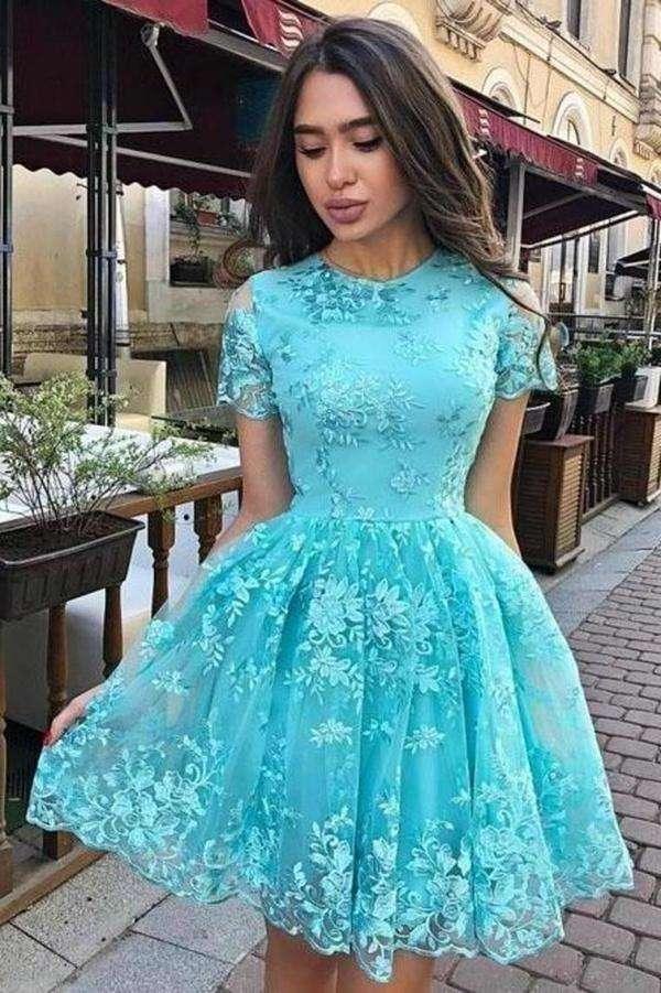 A Line Short Sleeve Lace Short Prom Dress Short Homecoming Dress PD451