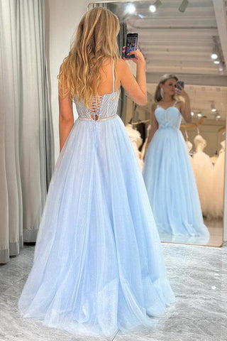 A-Linien-Abendkleid aus Tüll, blau, glitzernd, mit Spaghettiträgern