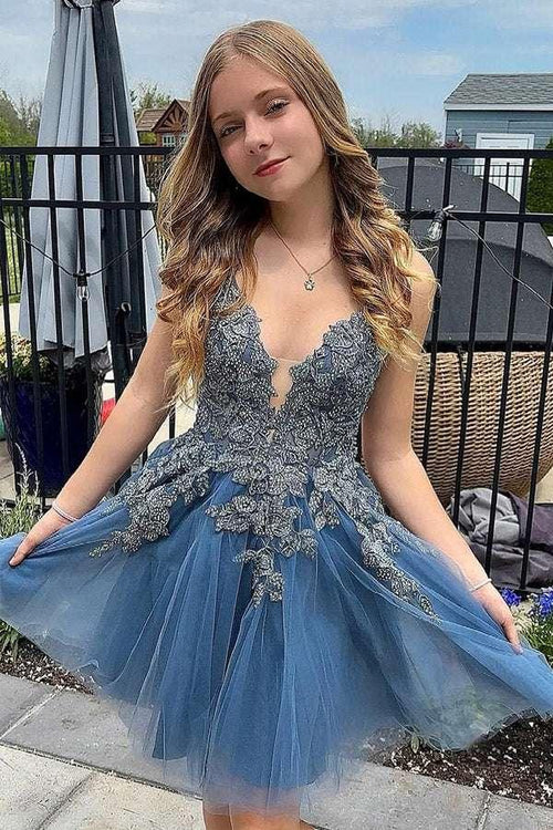 A Line Spaghetti Straps Tulle Short Grey Blue Homecoming Dress PD527