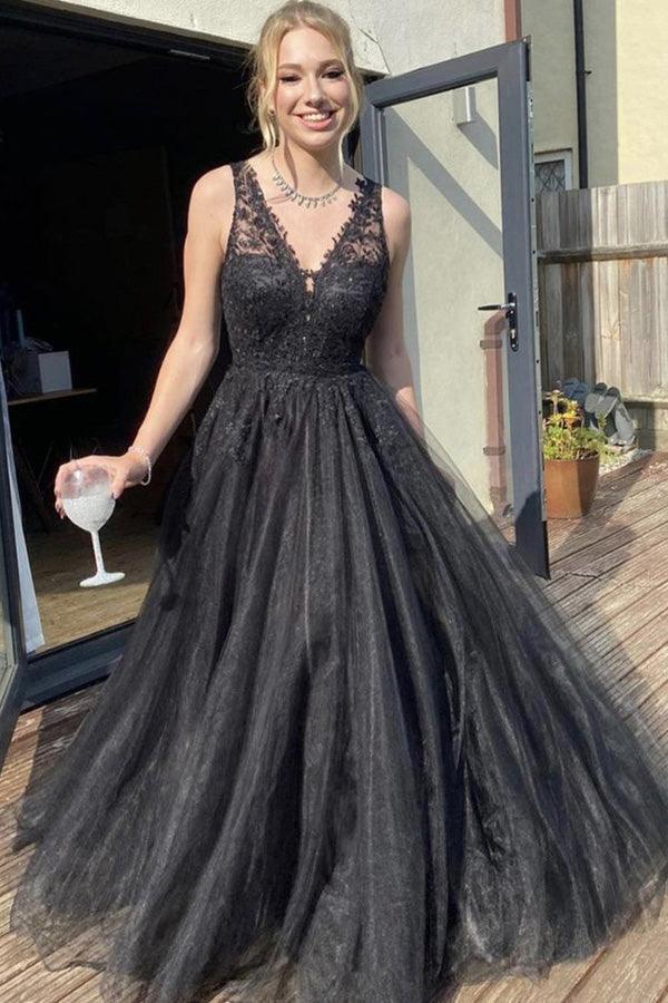 A-Linie V-Ausschnitt Schwarzes Tüll Ballkleid Schwarzes Abendkleid PSK370
