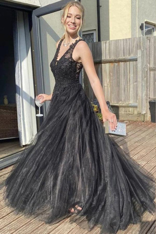 Vestido de fiesta de tul negro con escote en V y corte A. Vestido formal negro PSK370