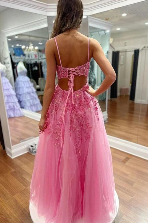Vestidos de fiesta largos de encaje rosa intenso con escote en V y abertura