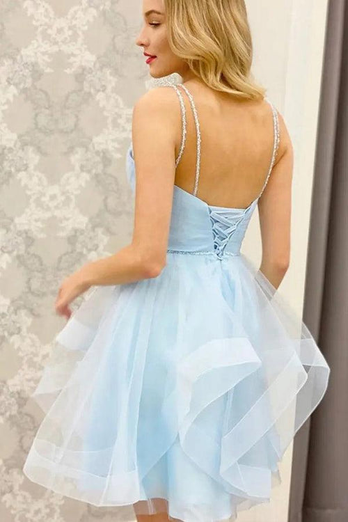 Vestidos de fiesta cortos de tul azul con escote en V y corte A