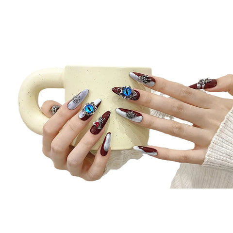 Factory Straight Hair French Skull Silver Three-dimensional Decoration Red and White Long Pointed Drop Shape