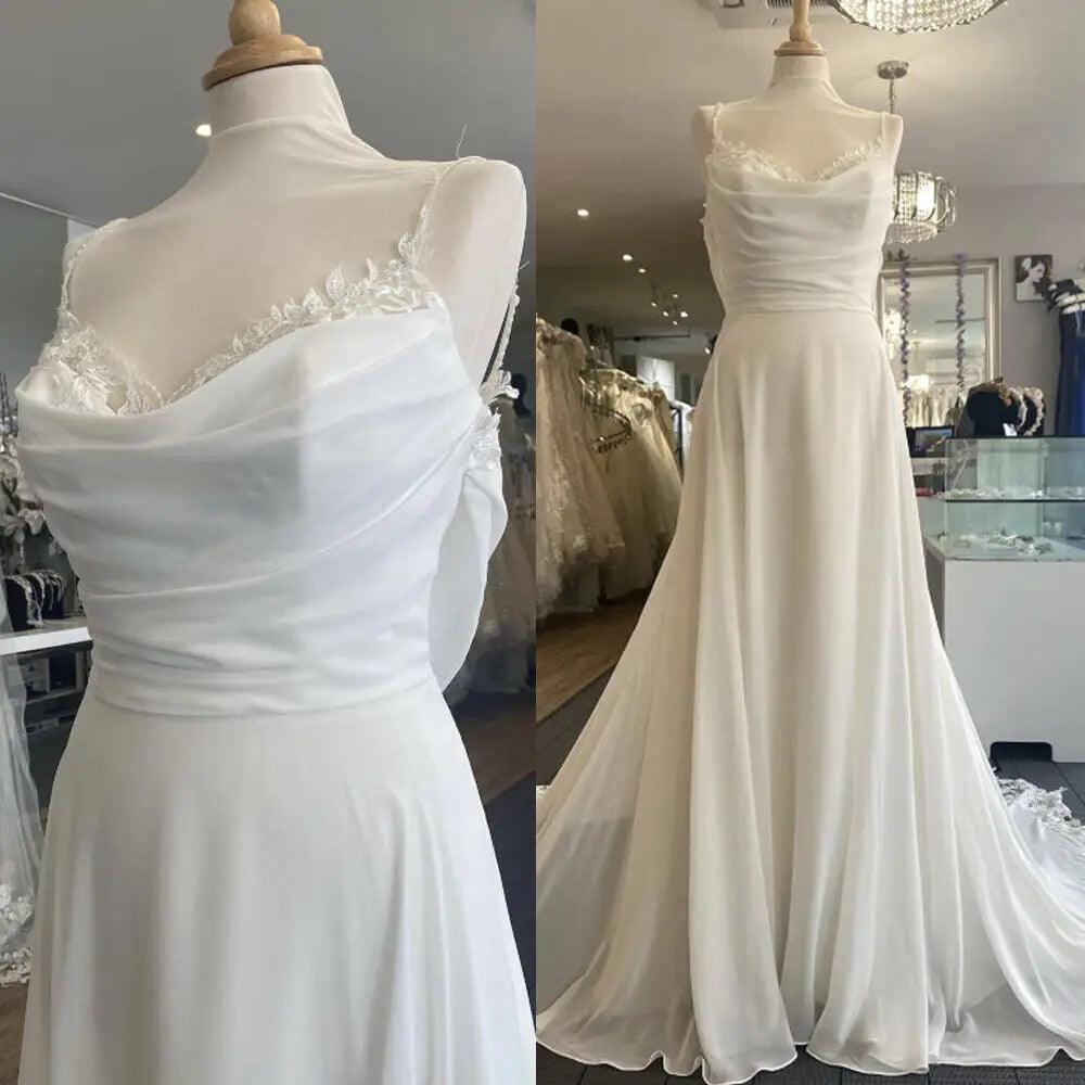 NumberSea NumberSea Vestidos de novia sencillos de gasa con cola de corte, tirantes de encaje, vestidos de novia de corte A, bata bohemia, vestido de novia 