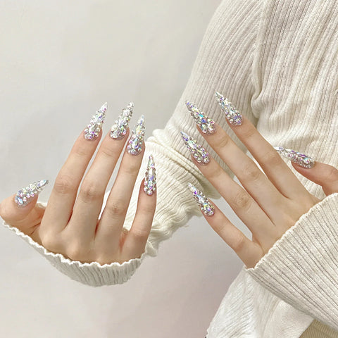 Factory Direct Sale French Pointed Long Water Drop Shape Colorful Shiny Rhinestone Design Artificial False Nails