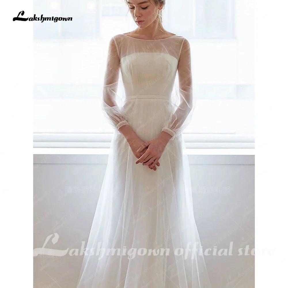Vestido de novia NumberSea sencillo de corte A y mangas largas, de malla minimalista, con corte recto y encaje transparente 
