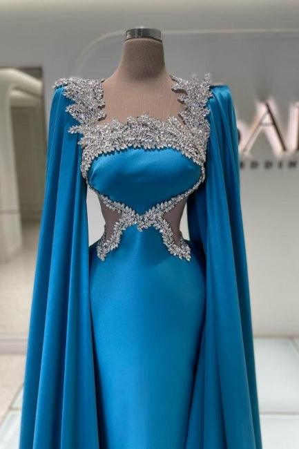 Erstaunliches langes blaues Satin-Strass-Ballkleid Designer-Abendkleid