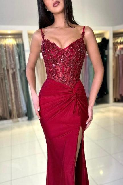 Erstaunliches langes Meerjungfrau-Ballkleid aus Spitze mit Spaghettiträgern und Schlitz in Burgunderrot