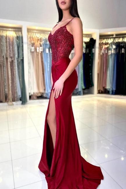 Erstaunliches langes Meerjungfrau-Ballkleid aus Spitze mit Spaghettiträgern und Schlitz in Burgunderrot