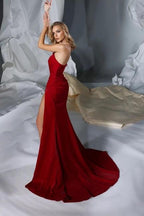 Erstaunliches langes rotes trägerloses Meerjungfrau-Ballkleid aus Satin mit Schlitz