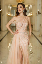 Asymmetrisches Ballkleid aus Tüll mit Perlenbesatz und Seitenschlitz, ärmellos, bodenlang, für besondere Anlässe