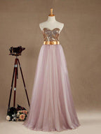 NumberSea - Ball Gown Light Purple Tulle Bridesmaid dress A - line Sweetheart Gold Sequined Strapless Evening dress