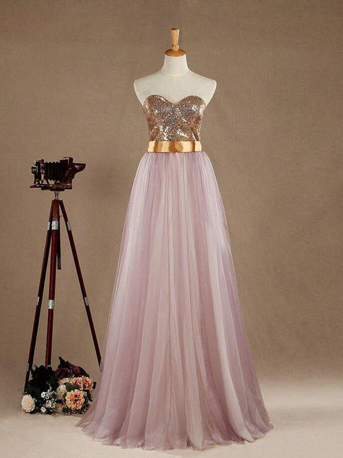 NumberSea - Ball Gown Light Purple Tulle Bridesmaid dress A - line Sweetheart Gold Sequined Strapless Evening dress