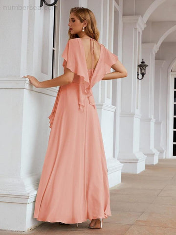 Numbersea Chiffon Bridesmaid Dresses Long Formal Evening Prom Mother of The Bride Dress with Flutter Sleeve  SEA28040-numbersea
