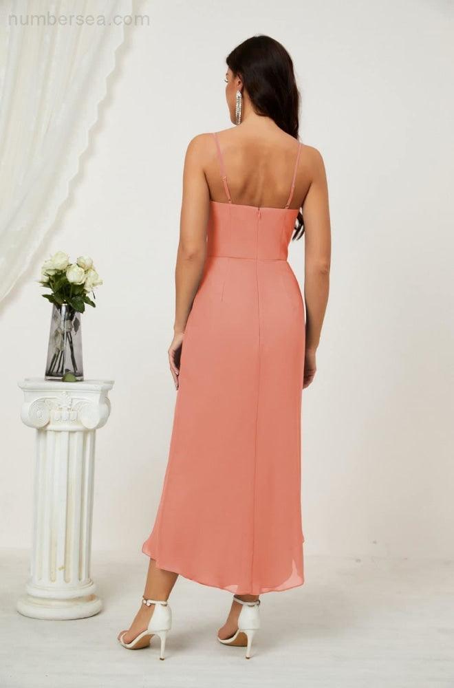 Numbersea Spaghetti Chiffon V Neck Bridesmaid Dress Mid-Length Slit Formal Prom Dress Homecoming Dress 2803-numbersea