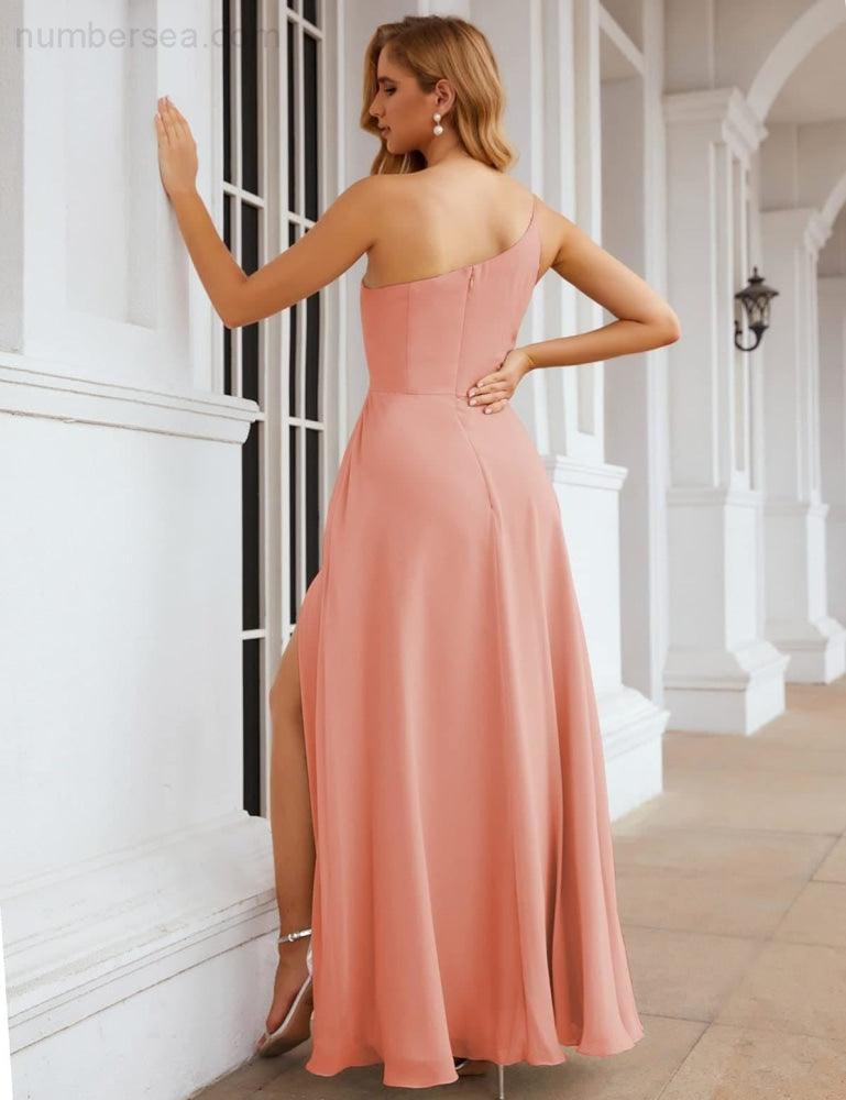 NumberSea - Numbersea One Shoulder Chiffon Bridesmaid Dresses Long Formal Homecoming Prom Gowns for Women Party Wedding Evening SEA28052
