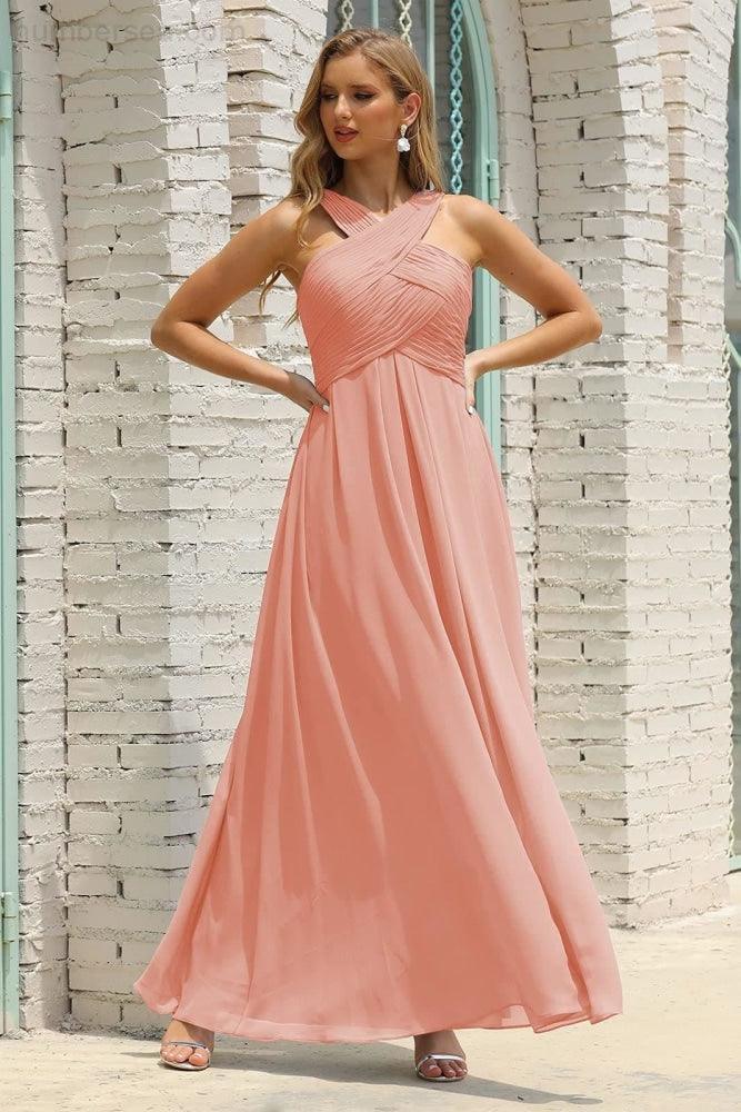 Numbersea Women Halter Chiffon Bridesmaid Dress A-line Long Formal Prom Gown SEA28015-numbersea