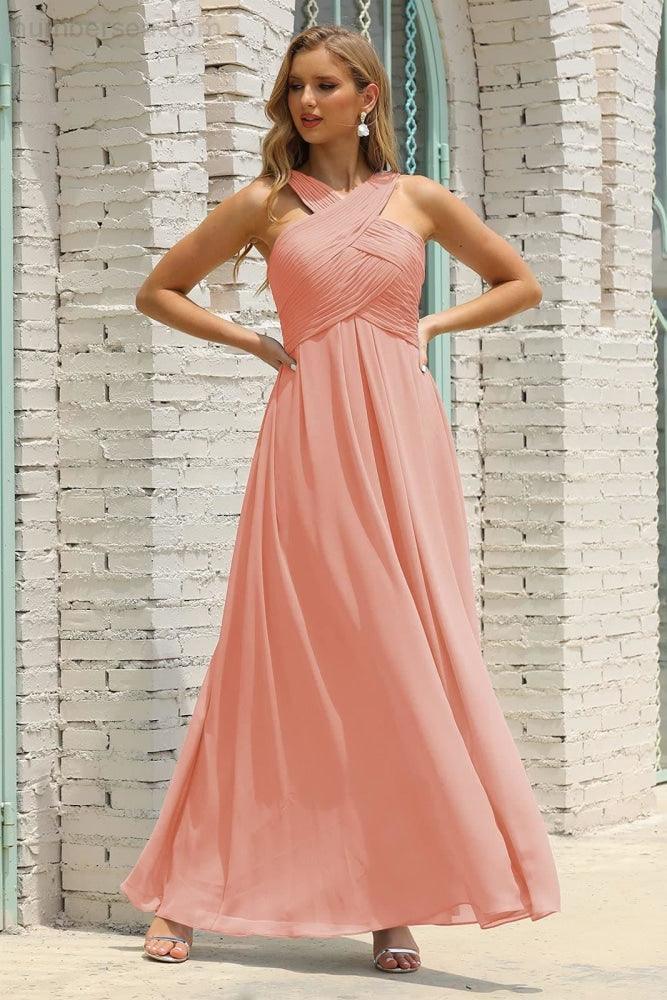 Numbersea Women Halter Chiffon Bridesmaid Dress A-Line Long Formal Prom Gown Sea28015