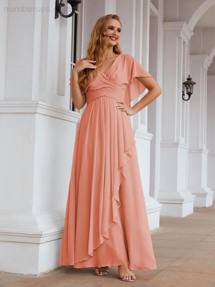 Numbersea Chiffon Bridesmaid Dresses Long Formal Evening Prom Mother of The Bride Dress with Flutter Sleeve  SEA28040-numbersea