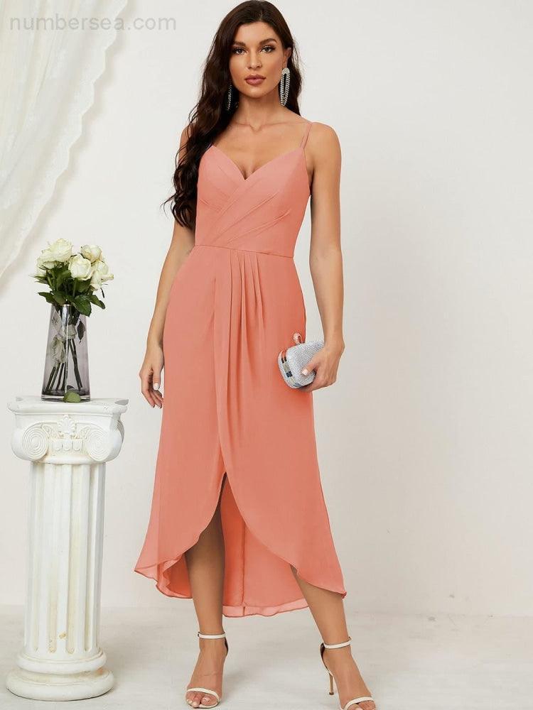 Numbersea Spaghetti Chiffon V Neck Bridesmaid Dress Mid-Length Slit Formal Prom Dress Homecoming Dress 2803-numbersea