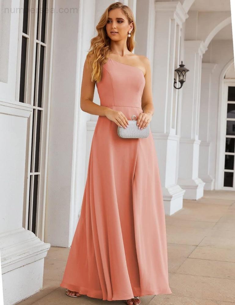 NumberSea - Numbersea One Shoulder Chiffon Bridesmaid Dresses Long Formal Homecoming Prom Gowns for Women Party Wedding Evening SEA28052