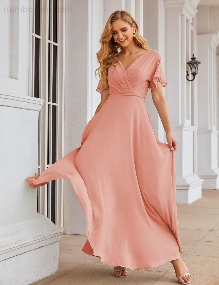 NumberSea - Numbersea Wrap V - Neck Chiffon Bridesmaid Dresses Long Formal Maxi Evening Gown for Wedding Guests SEA28049