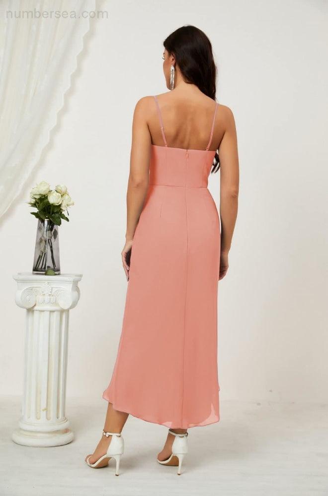 Numbersea Spaghetti Chiffon V Neck Bridesmaid Dress Mid-Length Slit Formal Prom Dress Homecoming Dress 2803-numbersea