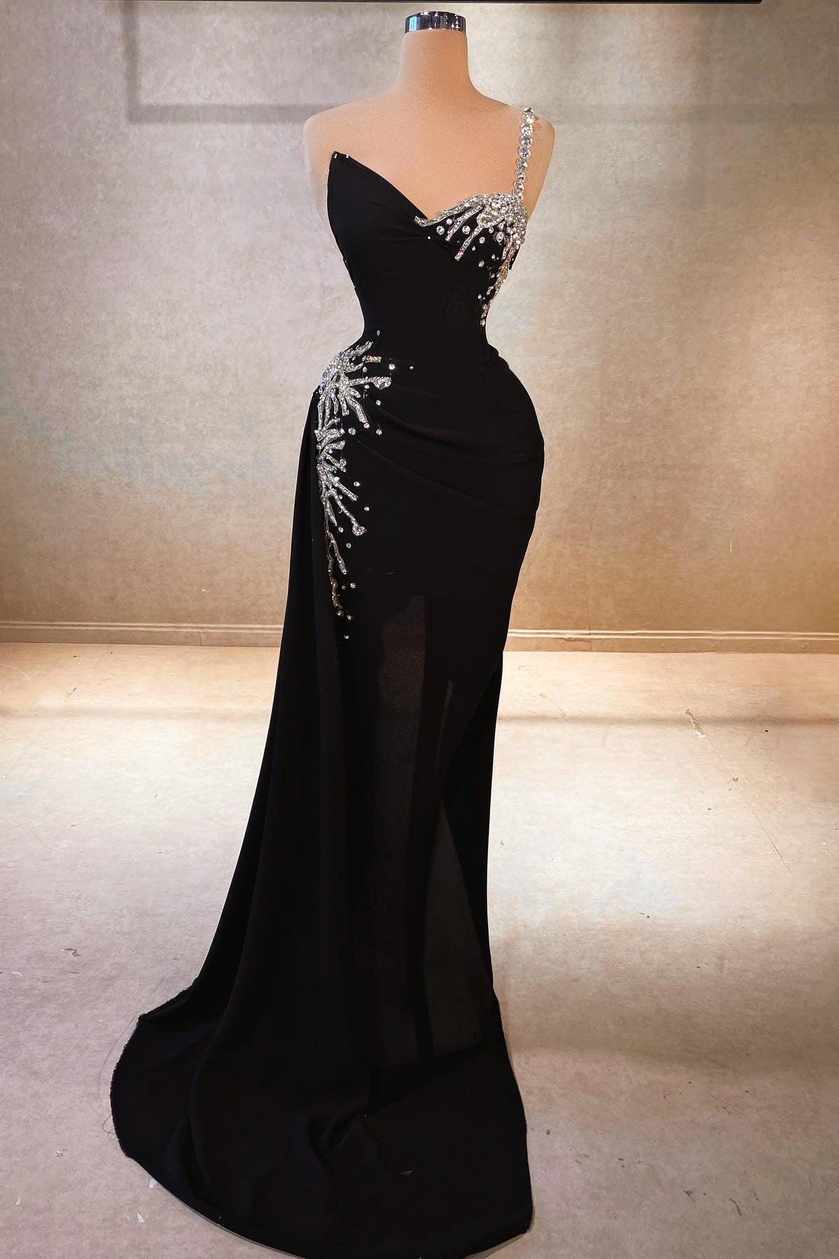 Wunderschönes A-Linien-Ballkleid mit einer Schulter und ärmellosem Strass-Chiffon in Schwarz