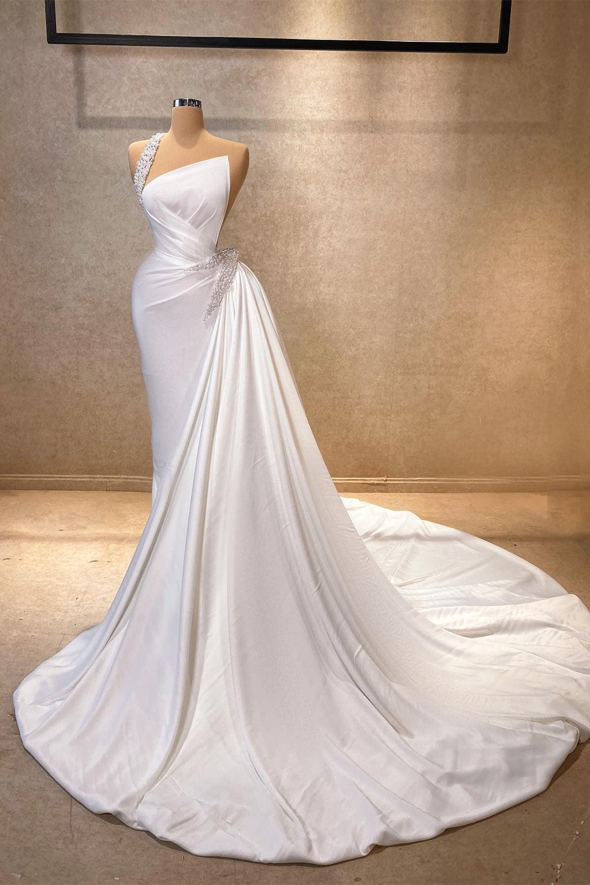Wunderschönes A-Linien-Abendkleid mit One-Shoulder-Träger und ärmellosem Satin-Schlepp