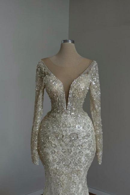 Wunderschönes langes weißes Meerjungfrau-Ballkleid mit V-Ausschnitt und glitzernder Spitze und langen Ärmeln