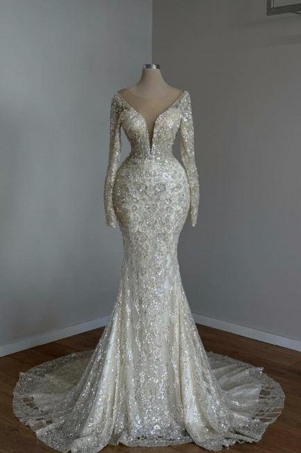 Wunderschönes langes weißes Meerjungfrau-Ballkleid mit V-Ausschnitt und glitzernder Spitze und langen Ärmeln