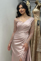 Wunderschönes langes rosa Meerjungfrau-Ballkleid mit glitzernder Spitze und Schlitz vorne und langen Ärmeln