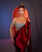 Wunderschöne Meerjungfrau Ein-Schulter Langarm Strass Satin Chiffon Ballkleider
