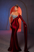 Wunderschöne Meerjungfrau Ein-Schulter Langarm Strass Satin Chiffon Ballkleider