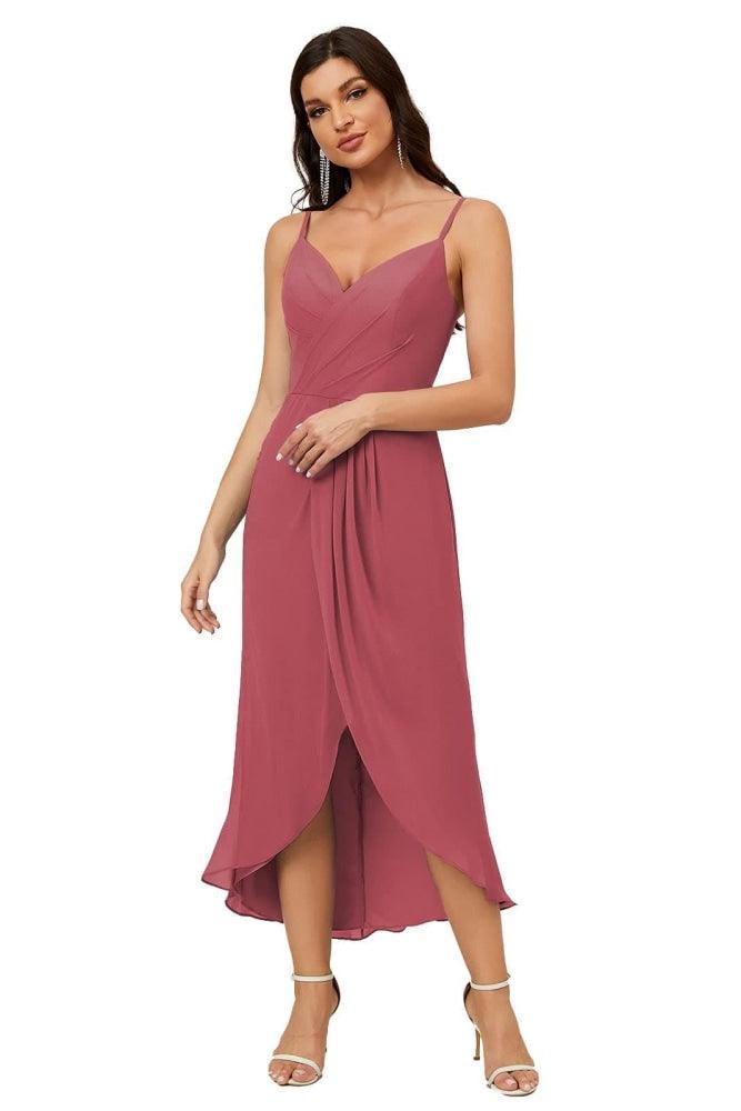Numbersea Spaghetti Chiffon V Neck Bridesmaid Dress Mid-Length Slit Formal Prom Dress Homecoming Dress 2803-numbersea