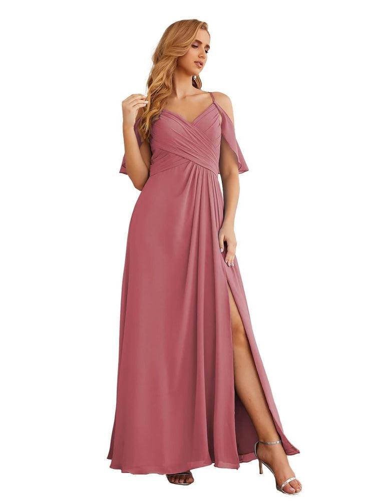 NumberSea - Numbersea Chiffon Cold Shoulder Long Bridesmaid Dresses Plus Size Formal Prom Gowns for Women Party Wedding SEA28070