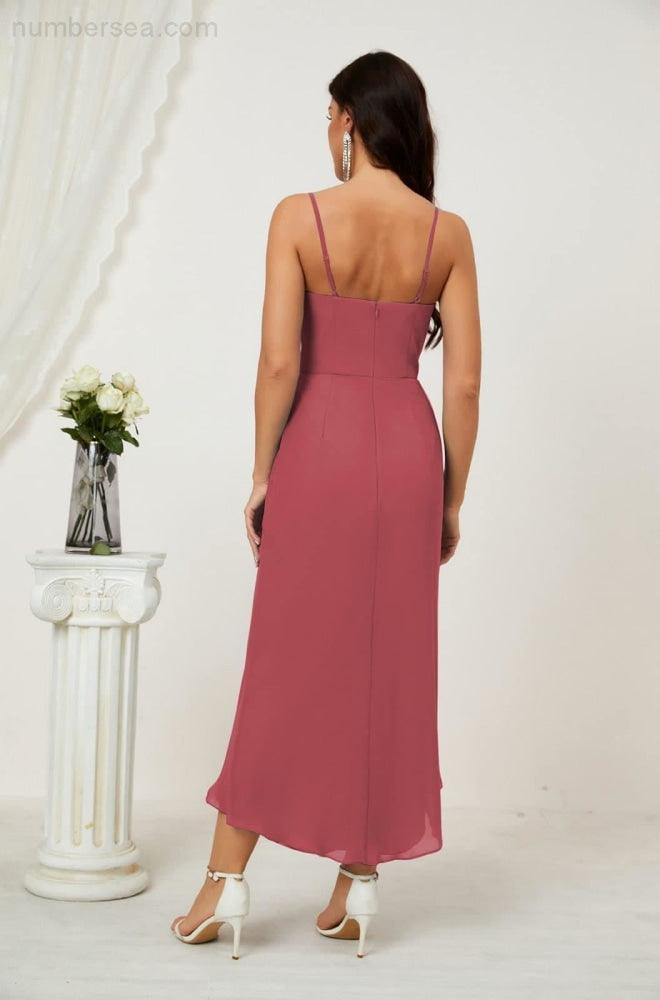 Numbersea Spaghetti Chiffon V Neck Bridesmaid Dress Mid-Length Slit Formal Prom Dress Homecoming Dress 2803-numbersea