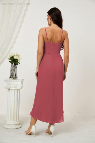 Numbersea Spaghetti Chiffon V Neck Bridesmaid Dress Mid-Length Slit Formal Prom Dress Homecoming Dress 2803-numbersea