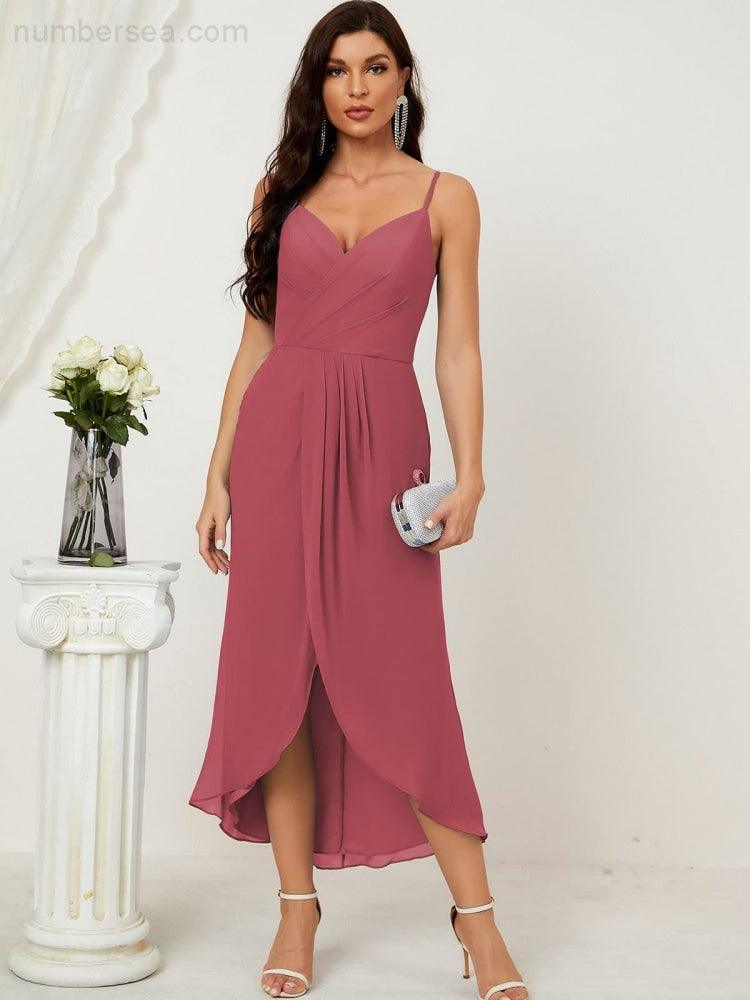 Numbersea Spaghetti Chiffon V Neck Bridesmaid Dress Mid-Length Slit Formal Prom Dress Homecoming Dress 2803-numbersea