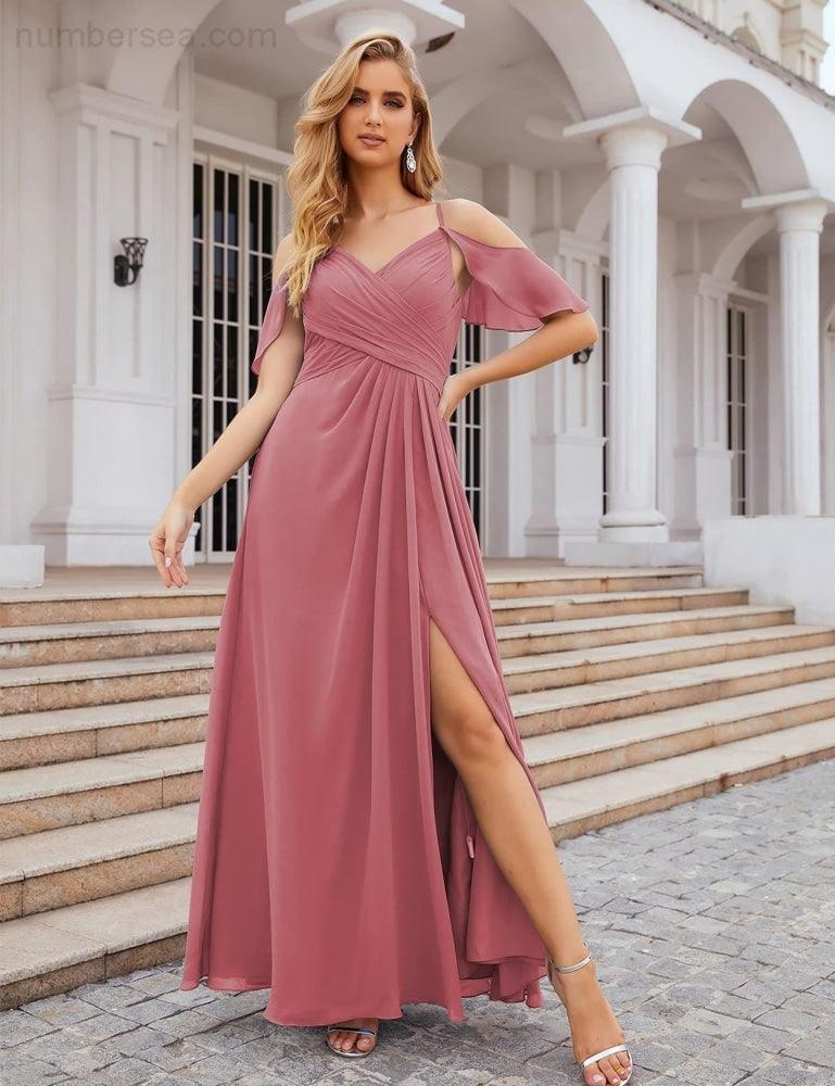 NumberSea - Numbersea Chiffon Cold Shoulder Long Bridesmaid Dresses Plus Size Formal Prom Gowns for Women Party Wedding SEA28070