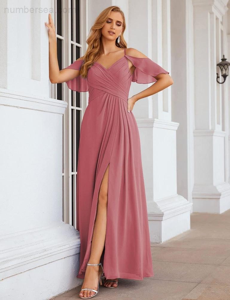 NumberSea - Numbersea Chiffon Cold Shoulder Long Bridesmaid Dresses Plus Size Formal Prom Gowns for Women Party Wedding SEA28070