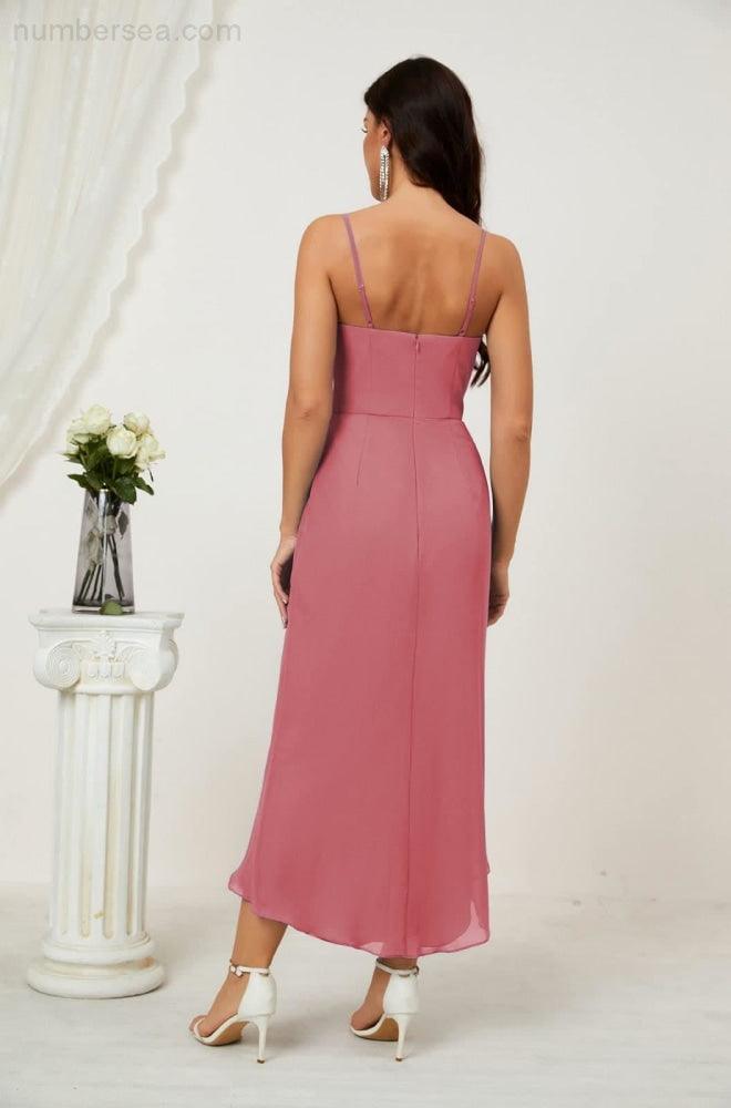 Numbersea Spaghetti Chiffon V Neck Bridesmaid Dress Mid-Length Slit Formal Prom Dress Homecoming Dress 2803-numbersea