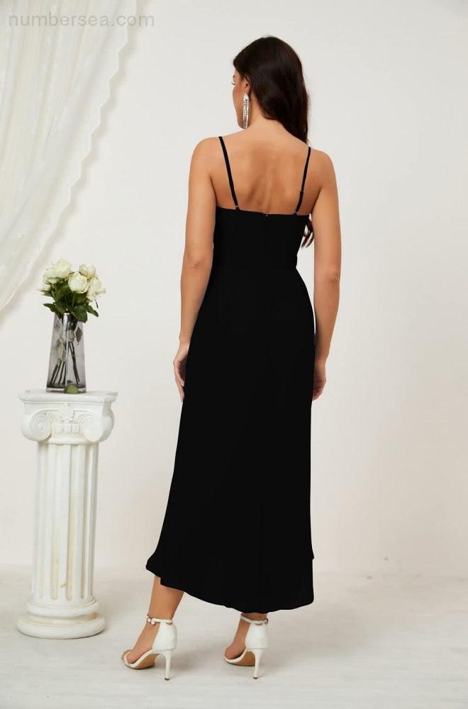 Numbersea Spaghetti Chiffon V Neck Bridesmaid Dress Mid-Length Slit Formal Prom Dress Homecoming Dress 2803-numbersea