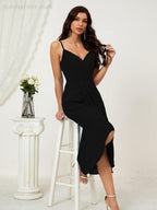 Numbersea Spaghetti Chiffon V Neck Bridesmaid Dress Mid-Length Slit Formal Prom Dress Homecoming Dress 2803-numbersea