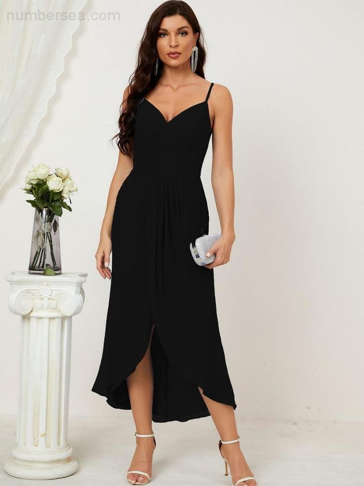 Numbersea Spaghetti Chiffon V Neck Bridesmaid Dress Mid-Length Slit Formal Prom Dress Homecoming Dress 2803-numbersea