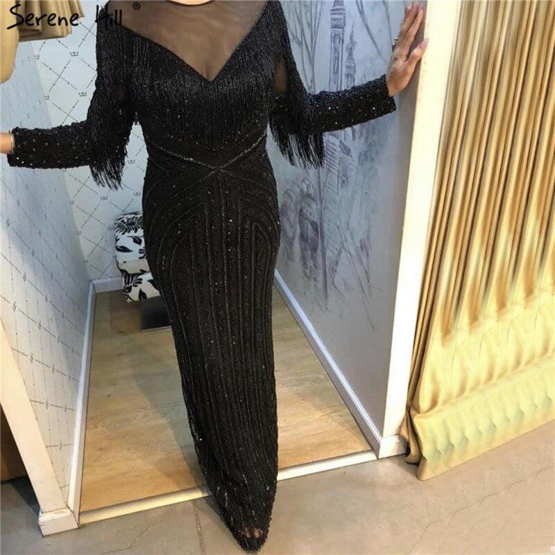 On Sale No Return No Refund Black Luxury Sexy Evening Dresses Slim Mermaid Tassel Beading Long Sleeves Evening Gowns For Woman LA60716