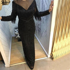 On Sale No Return No Refund Black Luxury Sexy Evening Dresses Slim Mermaid Tassel Beading Long Sleeves Evening Gowns For Woman LA60716